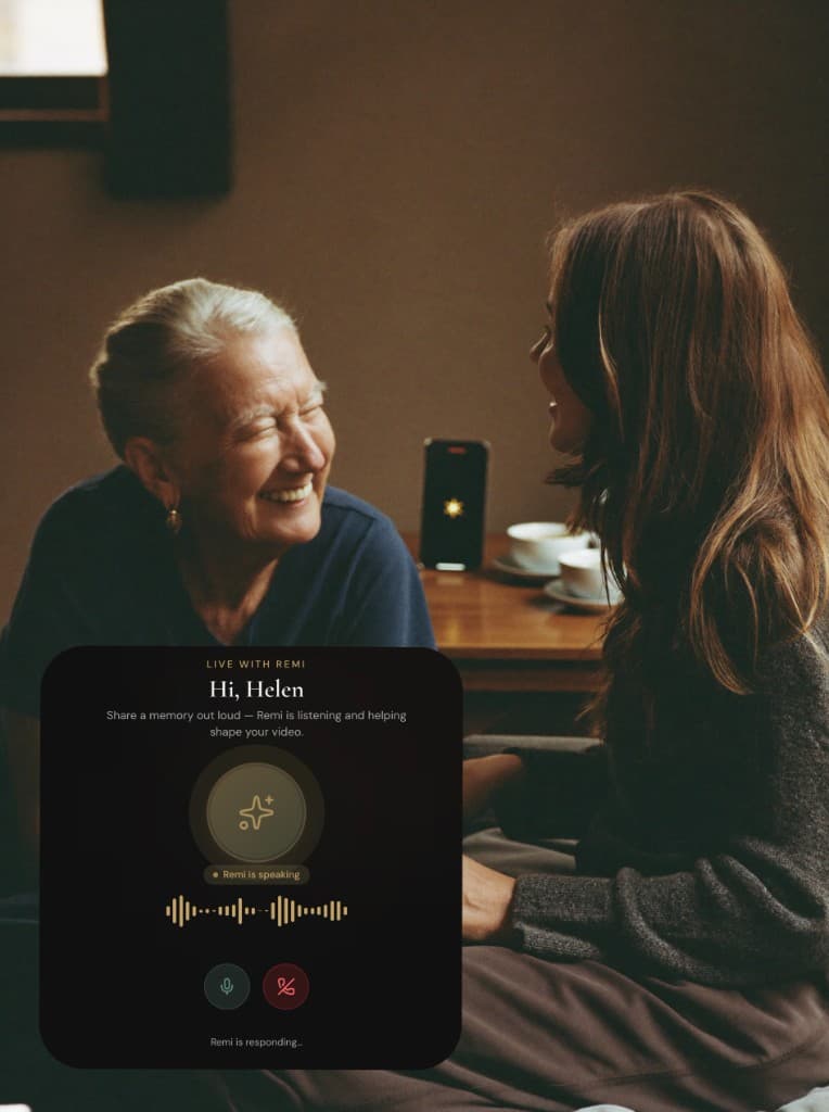 Grandmother and adult daughter talking while Remi listens nearby