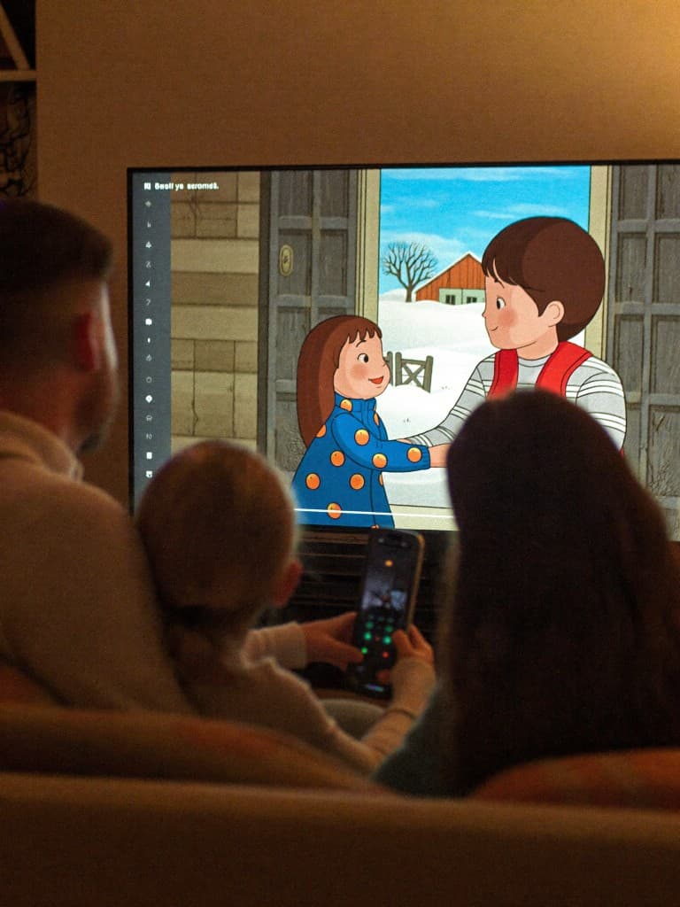 Family watching their finished Reminisce film on the TV